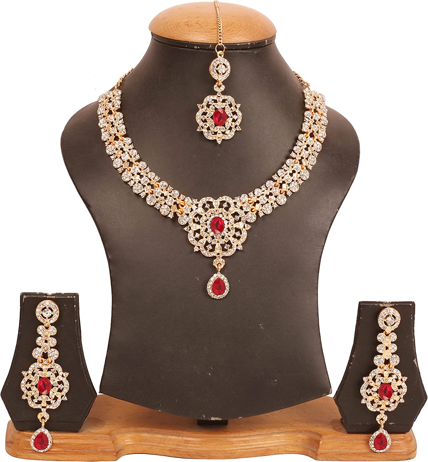 Touchstone Indian Bollywood enchanting floral diamond studded look Rhinestone embellished bridal designer jewelry necklace set for women in silver or white tone. - Image 3